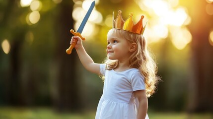 A young girl with a golden crown holds a plastic sword aloft in a park, embodying playful heroism, imagination, and a childhood sense of adventure.