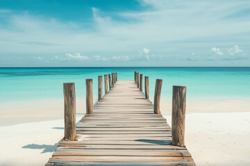 Wooden pier leading to the ocean with a white sand beach and turquoise water on a tropical island. Ample space for text.