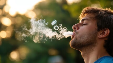 Smoke delicately forms patterns from a man's slightly parted lips outdoors, surrounded by a sense of peaceful tranquility and artful elegance against a blurred backdrop.