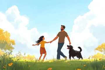 Obraz premium Illustrated scene of a father and daughter enjoying a walk with their dog in a sunny field, capturing family moments, joy, and nature's beauty.