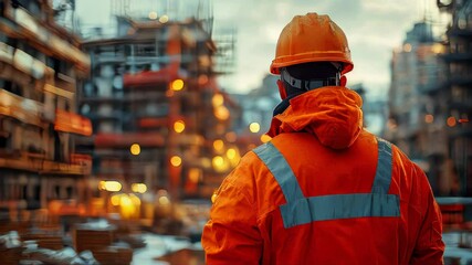 Rear view of a construction worker in an orange reflective jacket and helmet, observing a cityscape of ongoing construction during twilight hours