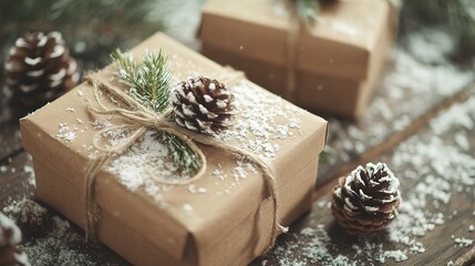 Rustic Holiday Gift Wrapped with Pine and Snow