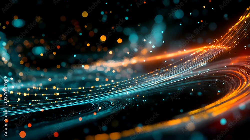 Poster abstract 3d wave of glowing dots and particles in blue and orange, futuristic digital landscape with