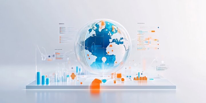 3D illustration of the Earth, with icons representing business, technology, and digital marketing, Transparent glass, frosted texture, 
