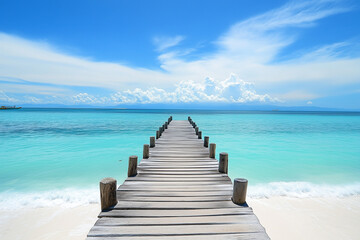 Fototapeta premium Wooden pier leading to the ocean with a white sand beach and turquoise water on a tropical island. Ample space for text.