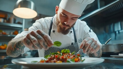 Focused guy chef with tattoos in uniform, working in a light kitchen, adding topping to freshly prepared, delicious tartare that is presented on a dish.