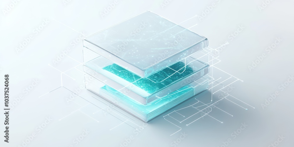 Poster icons stacked in shapes of an app icon whit round edges, minimalistic digital space, glowing in a so
