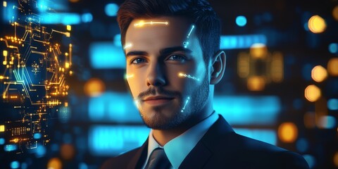 futuristic, technology-inspired image featuring a professional male figure. 