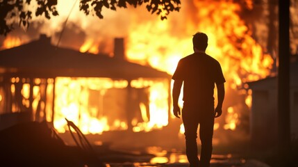 Fototapeta premium A solitary figure stands facing a roaring fire consuming a building, with flickering flames lighting the scene with a sense of chaos and drama.