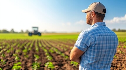 Fototapeta premium In a lush green field, a man in a blue checkered shirt and cap gazes at a distant tractor, capturing the essence of modern agricultural practices and countryside serenity.