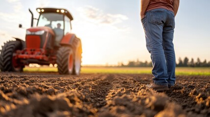 A person in a red shirt and jeans stands in a field at sunset with a tractor nearby, reflecting on themes of labor, nature's beauty, and personal contemplation.