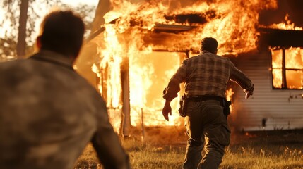 Fototapeta premium A man sprints towards a burning building, showcasing selflessness and heroism as flames engulf the structure, emphasizing bravery and action amidst danger.