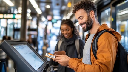 A couple stands closely together using a ticket machine on a bustling tram, emphasizing themes of teamwork, public journey, and the technology of modern commuting.