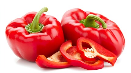 Fresh red bell peppers, whole and sliced.