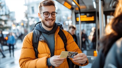Fototapeta premium A cheerful young man with glasses and a beard, wearing a yellow jacket and backpack, presenting his ticket aboard a busy city bus, ready for a joyful journey.