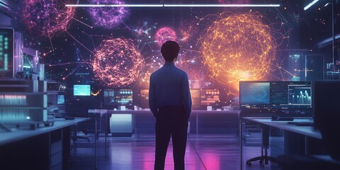 Obraz premium a full body shot of a person standing in the foreground looking positive and welcoming, in the background we see a lab with AI elements such as 3d neurons,