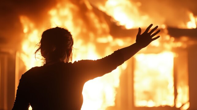 A silhouetted figure reaches out towards a towering wall of fire, capturing a dramatic moment of destruction, fear, and irreparable loss.