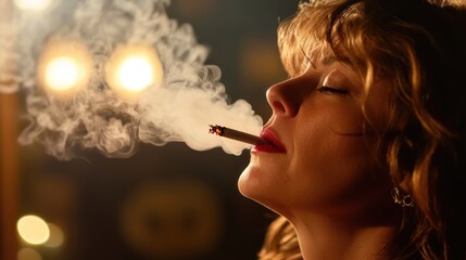 Fototapeta premium This serene image highlights a woman's profile as she exhales smoke in a beautifully lit space, conveying timeless moments of relaxation and contemplation.