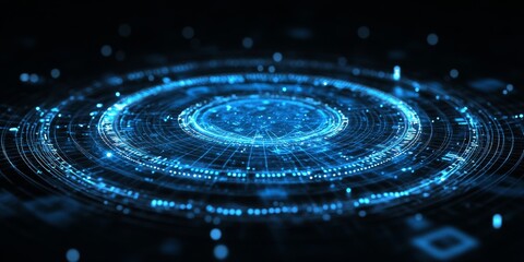 D render of a blue hologram wireframe floating in a black background, a circular shape with data points and numbers inside the circle,
