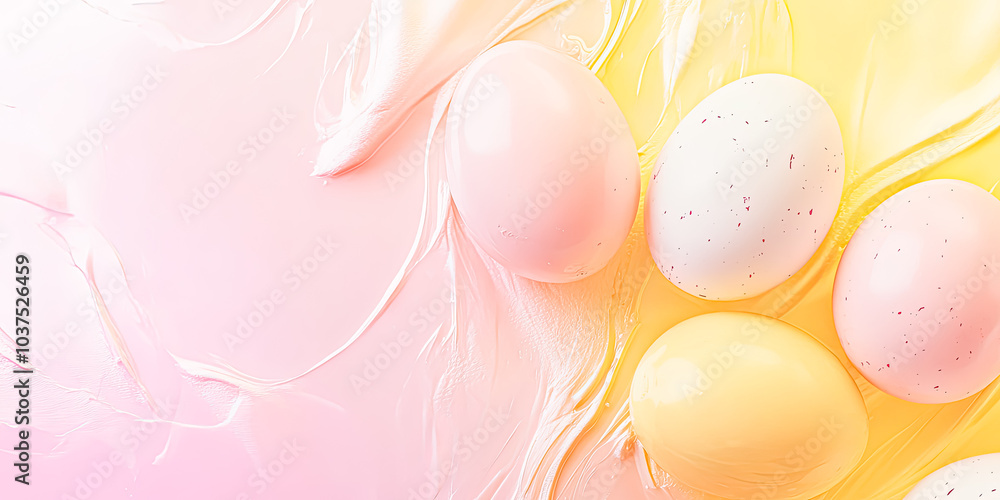 Poster close up of a bunch of eggs with a pink background. the eggs are white and yellow and are arranged i