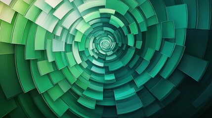 A modern digital artwork featuring a spiral pattern composed of concentric shapes in various shades of green, showcasing abstract geometric design elements.