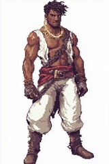 Fototapeta premium Jamaican pirate hero character with fishbone necklace in pixel art style