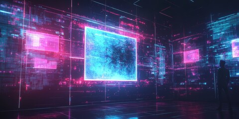 Fototapeta premium hologram screen with many scenes out of it with colorful futuristic feeling,
