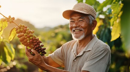 A joyful elderly man in a field holds a cluster of ripe coffee cherries, smiling widely. The sun casts a warm glow over the coffee plants around him.