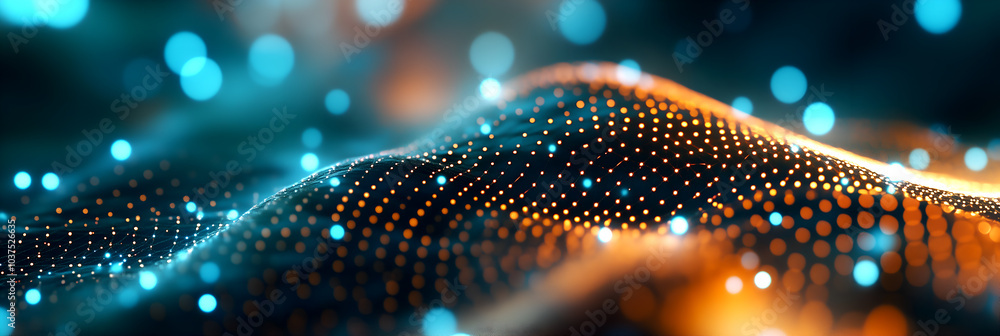 Poster abstract 3d wave of glowing dots and particles in blue and orange, futuristic digital landscape with