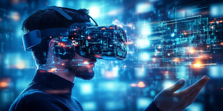 virtual reality technology background that combines digital imagery and 3D elements, showcasing the limitless possibilities of future technology