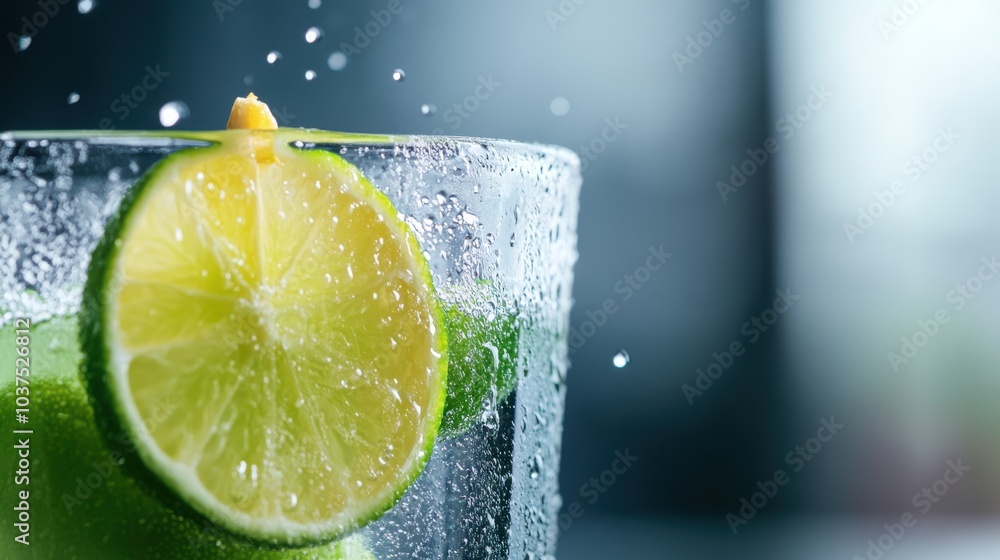 Wall mural a clear glass filled with effervescent bubbles and a slice of lime, evoking a sense of refreshment a