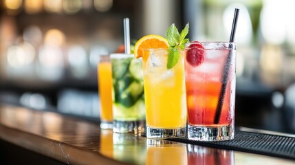 This image showcases a vibrant array of cocktails, skillfully crafted and garnished, perfectly lined up on a bar counter under warm lighting with a blurred background.
