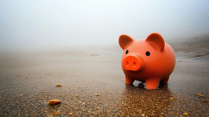 Piggy Bank on Beach in Foggy Environment