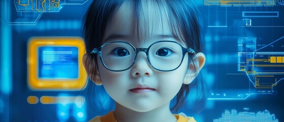  Asian child with technology like a professor with a blue and yellow theme 
