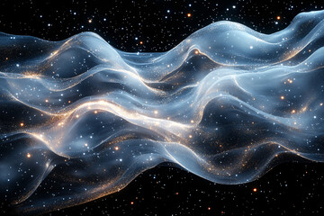 A dynamic, ethereal image of particles flowing in a sweeping curve against a black backdrop, illuminated by shimmering silver light, evoking a sense of tranquility and wonder....
