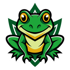 A cute green cartoon frog, a happy amphibian illustration, sits isolated with a smile