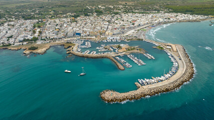 Aerial view of the marina of San Foca in the province of Lecce, Salento, Puglia, Italy. It is a...