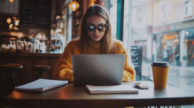 Focused woman in cozy cafe working on laptop with coffee and notebooks