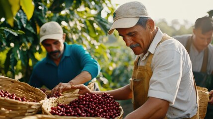 Two men collaborate in the lush green fields, skillfully gathering and sorting freshly-picked coffee cherries loaded in large handwoven baskets, reflecting teamwork.