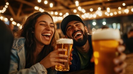 A joyful group of friends laughing and holding beers in an outdoor party setting with warm lighting, capturing a moment of happiness and friendship.
