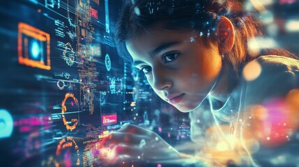 the blend of modern technology, human values, and the innovative spirit that drives the program. Depict scenes of young students engaged in hands-on technology workshops,