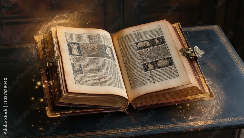 Poster glowing open book with illuminated pages in dark surroundings – symbolizing knowledge and enlightenm