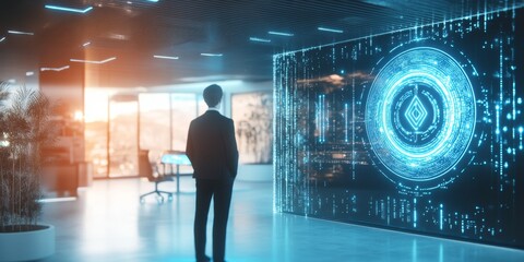 Futuristic office space, AI logo hologram, diverse AI tools floating as holograms, professional in suit interacting with holographic interface, 