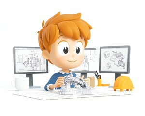 Cartoon boy working on model design on computer.