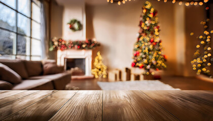 A cozy, festive living room with a lit Christmas tree and warm fireplace in the background. The empty wooden tabletop in the foreground offers a space for product placement or holiday-themed displays.