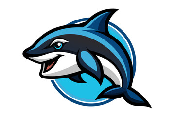 A cute blue cartoon dolphin, a marine mammal, swimming in the ocean, isolated as a vector illustration on white