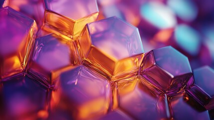 An abstract depiction of colorful hexagonal structures with rich purples and oranges, showcasing intricate textures and light reflections.