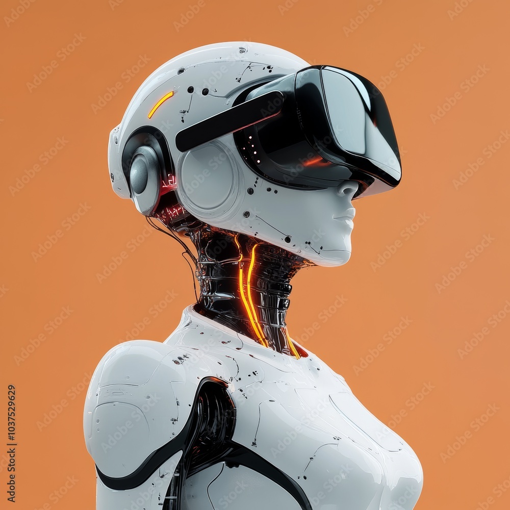 Poster futuristic robot wearing a vr headset on a simple background