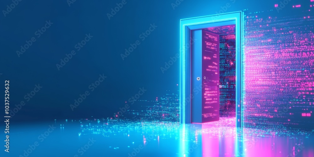 Wall mural on a blue background there is a open door, inside is a futuristic ai world with code and data, and s