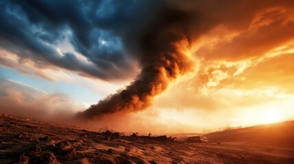 A powerful dust storm sweeps across a barren desert landscape, with dramatic clouds moving overhead, caught between the striking colors of day and night blending.